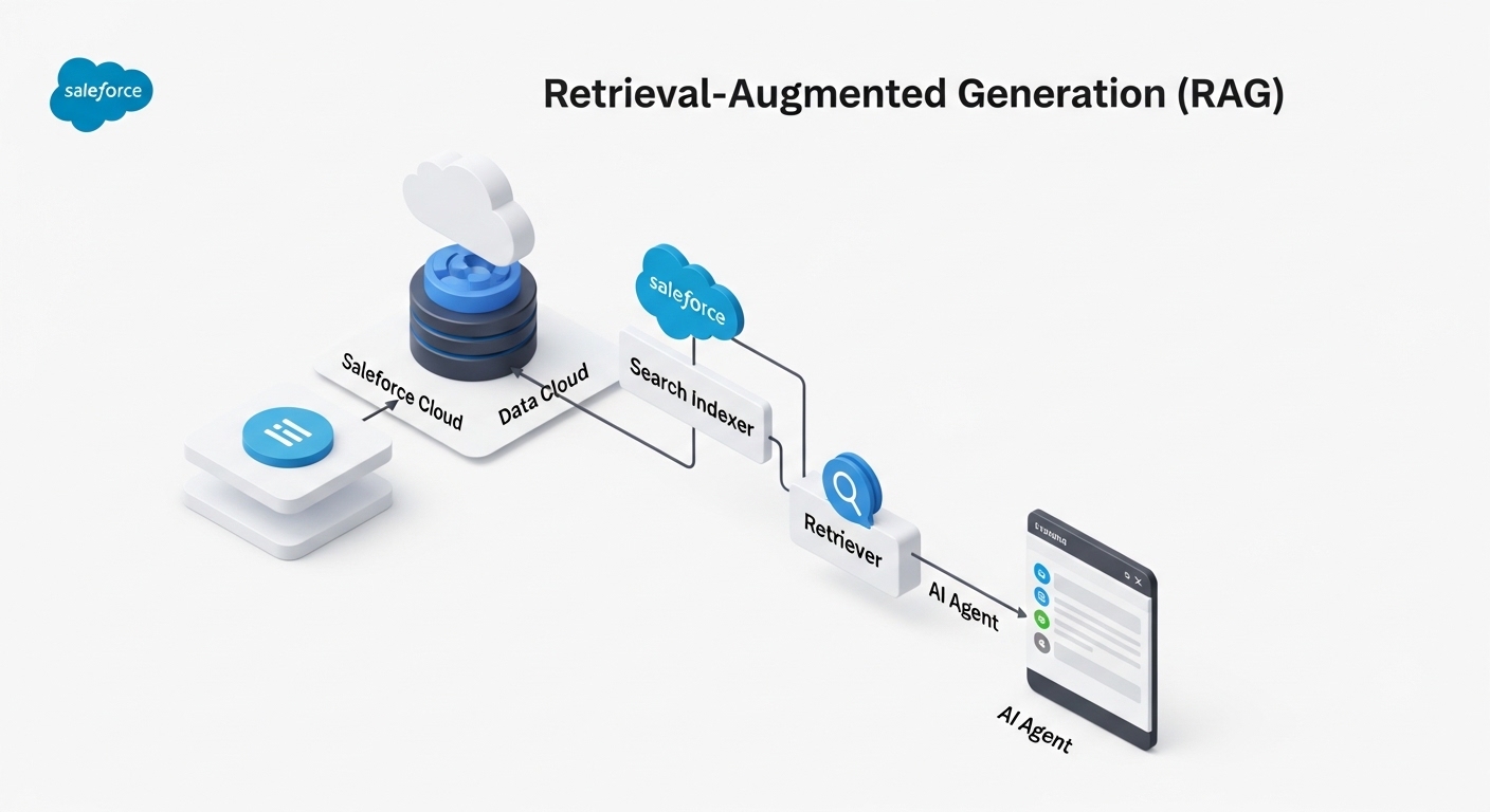 A technical architecture diagram showing the workflow of grounding AI data using Salesforce Data Cloud, vector indexes, and retrievers.