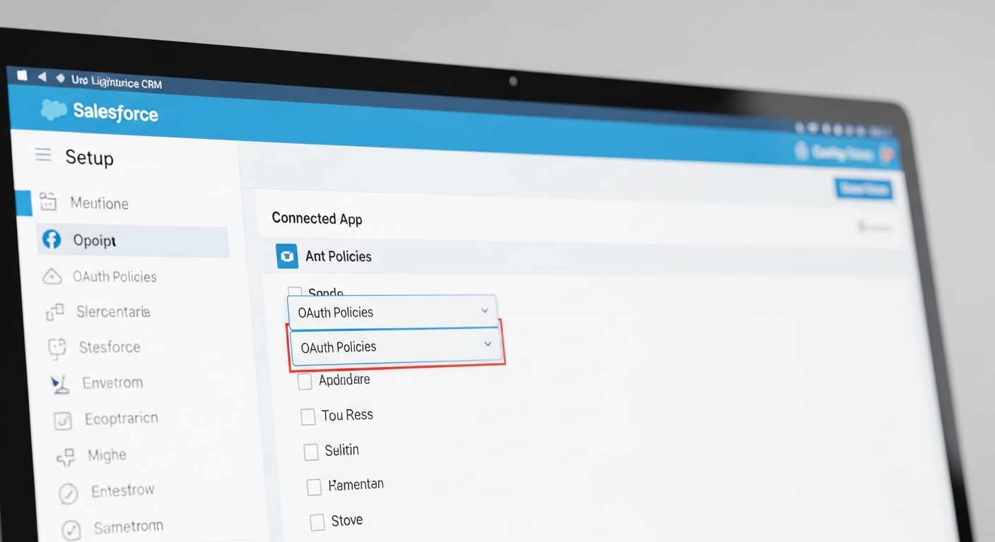 A realistic mockup of the Salesforce Connected App settings page focusing on the OAuth Policies configuration.