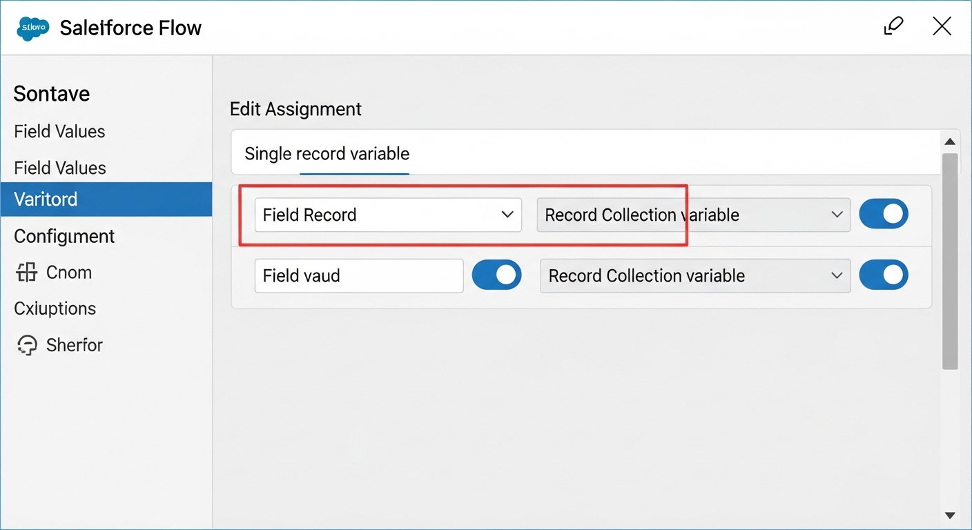 A detailed UI mockup of a Salesforce Assignment element showing the logic of adding individual records to a collection variable.