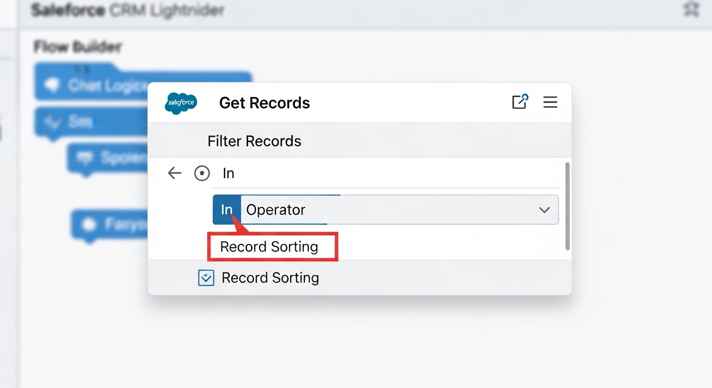 A detailed UI mockup of the Salesforce Flow Builder showing the Get Records element configuration for filtering and sorting.
