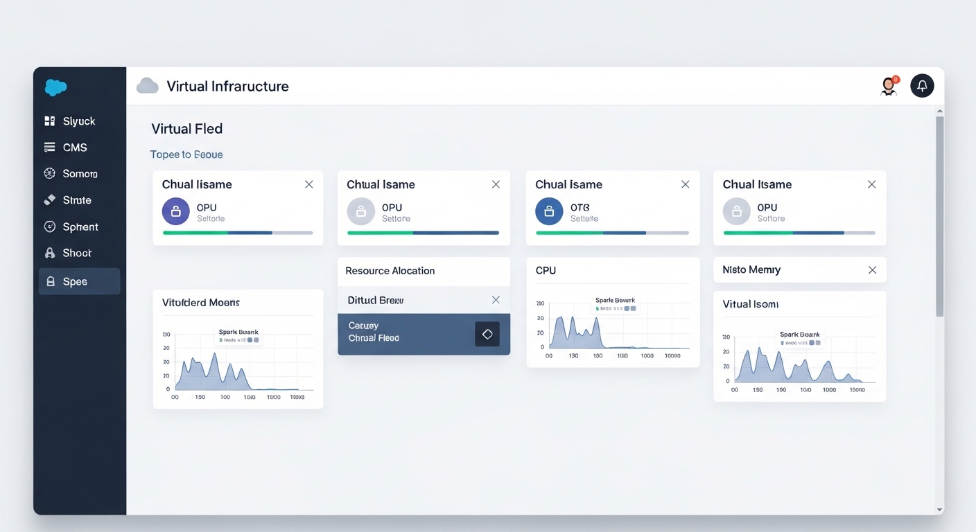 A professional cloud infrastructure dashboard showing a list of virtual server instances with real-time performance metrics and resource management tools.