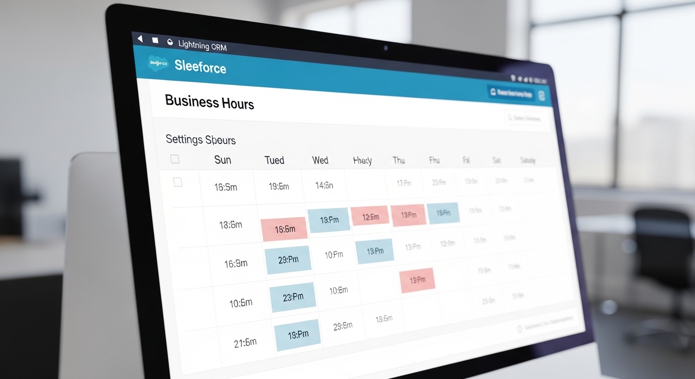 A professional UI mockup of a Salesforce business hours configuration screen showing a weekly schedule grid.