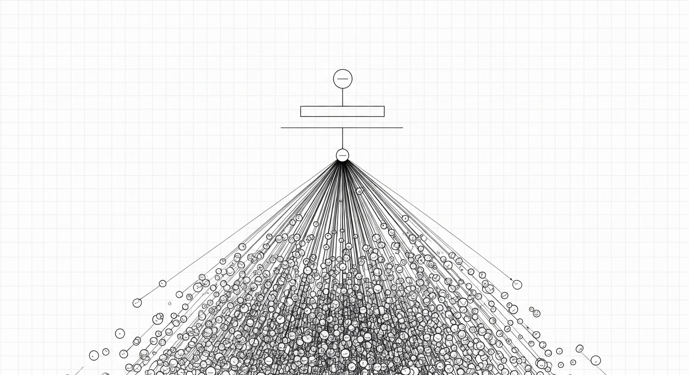 A technical architecture diagram showing a skewed data hierarchy where a single parent record is connected to a massive, dense cluster of child records.