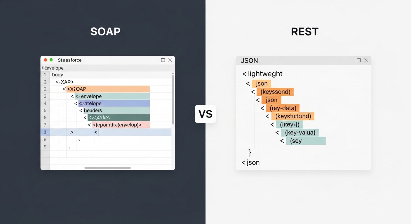 A technical split-screen diagram comparing a structured XML SOAP envelope and a lightweight JSON REST data structure.