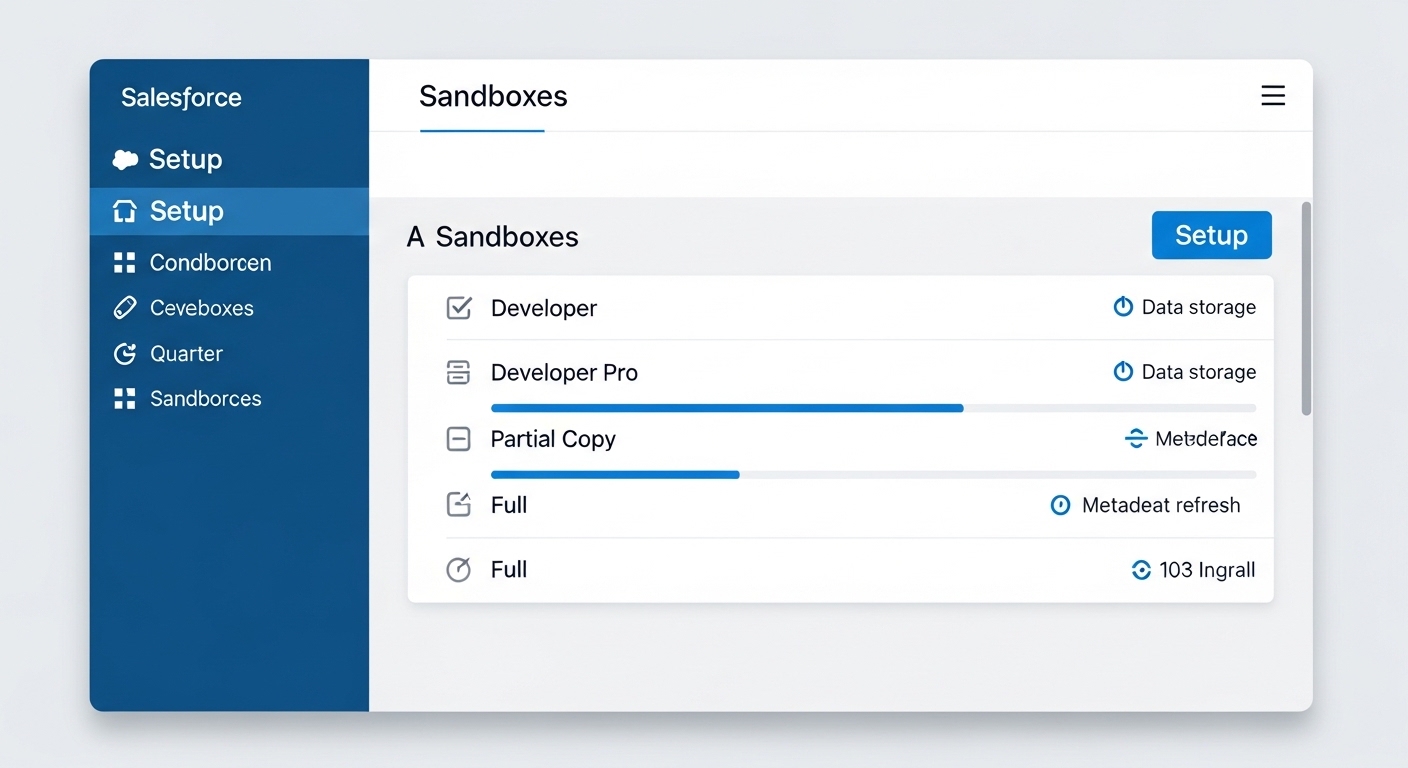 A professional software interface mockup showing a comparison of Salesforce sandbox types and their storage limits.