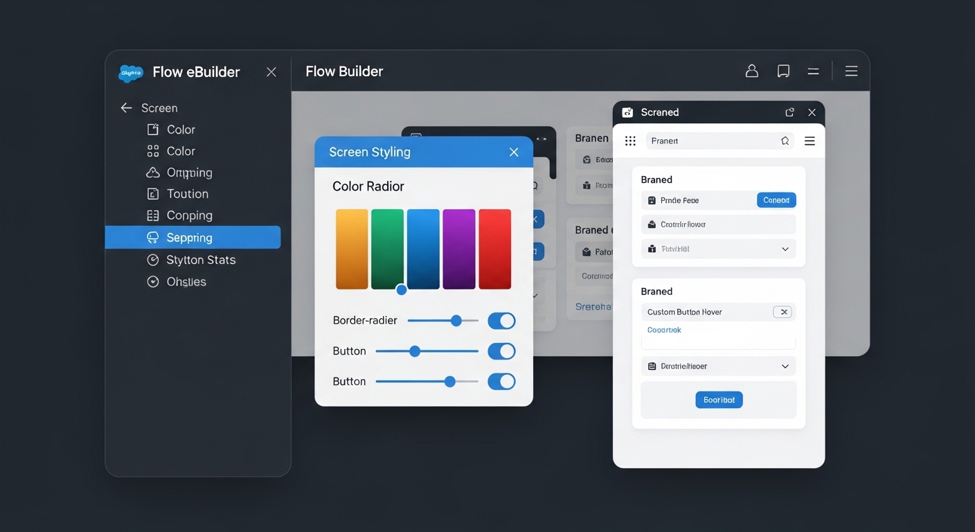 A detailed view of the Salesforce Flow Builder interface showing new screen styling options for custom colors, border radius, and button states.