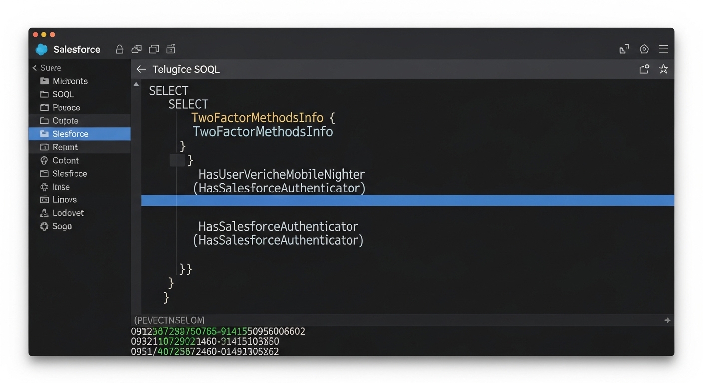 A professional code editor displaying a SOQL query for the TwoFactorMethodsInfo object to verify user MFA methods.