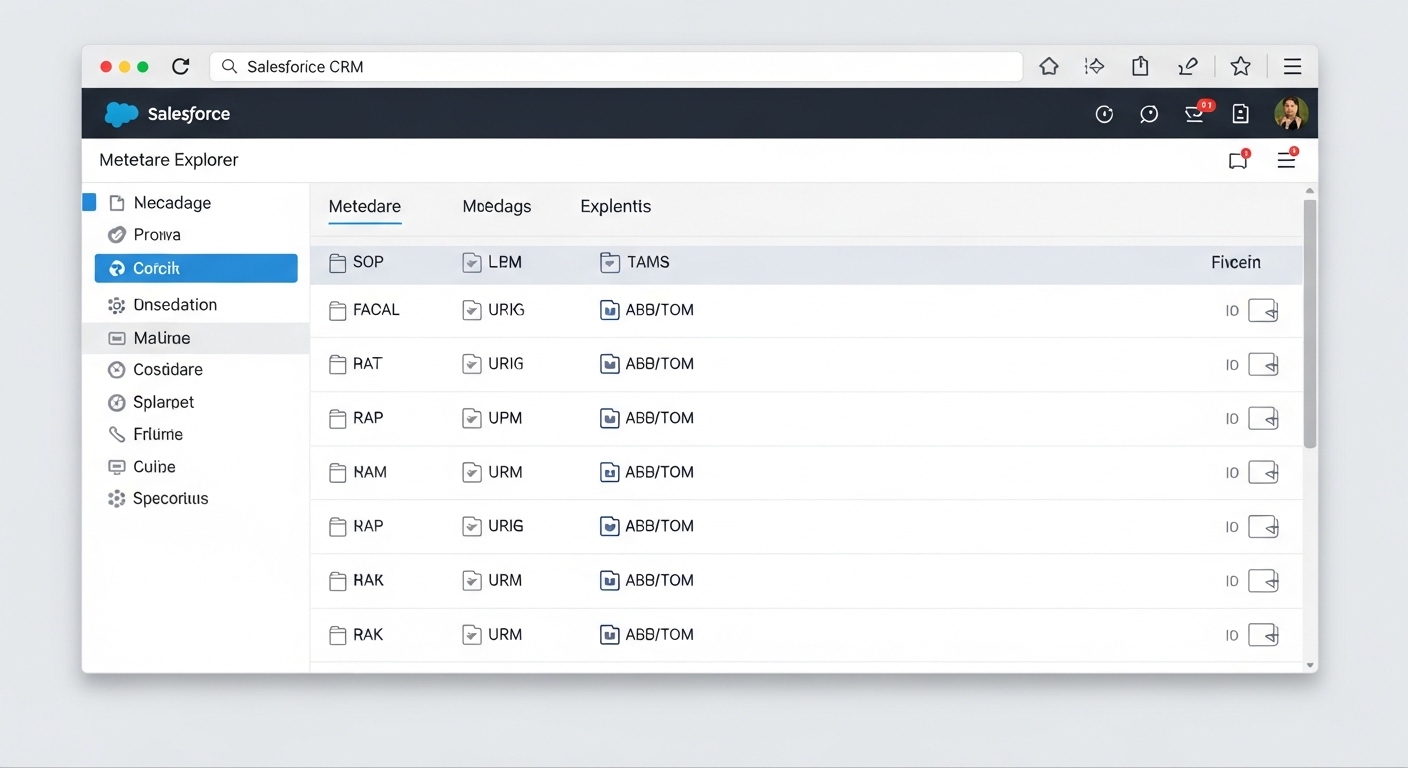 A clean and organized Salesforce-style list view showing a structured hierarchy of technical assets and metadata.