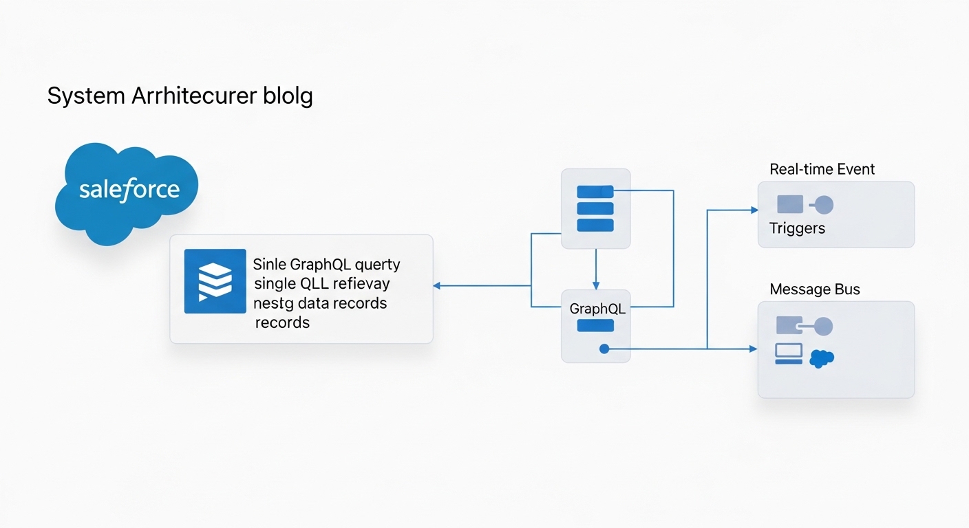 A technical architecture diagram showing a GraphQL data fetch and an event-driven streaming data flow between Salesforce and an external system.