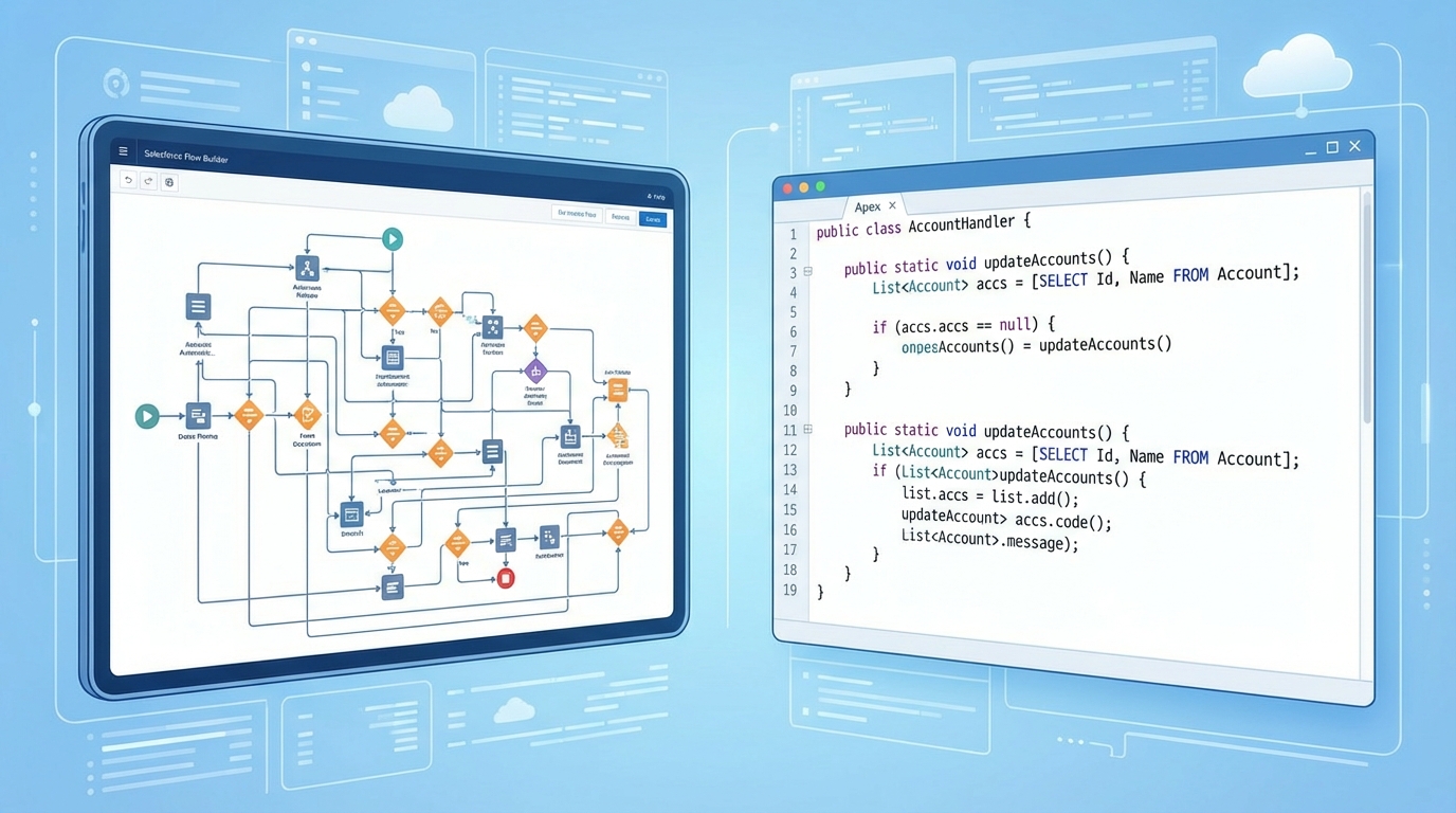 A split-screen visual comparing a complex Salesforce Flow diagram with multiple logic branches to a clean, structured Apex code snippet in a dark-mode editor.