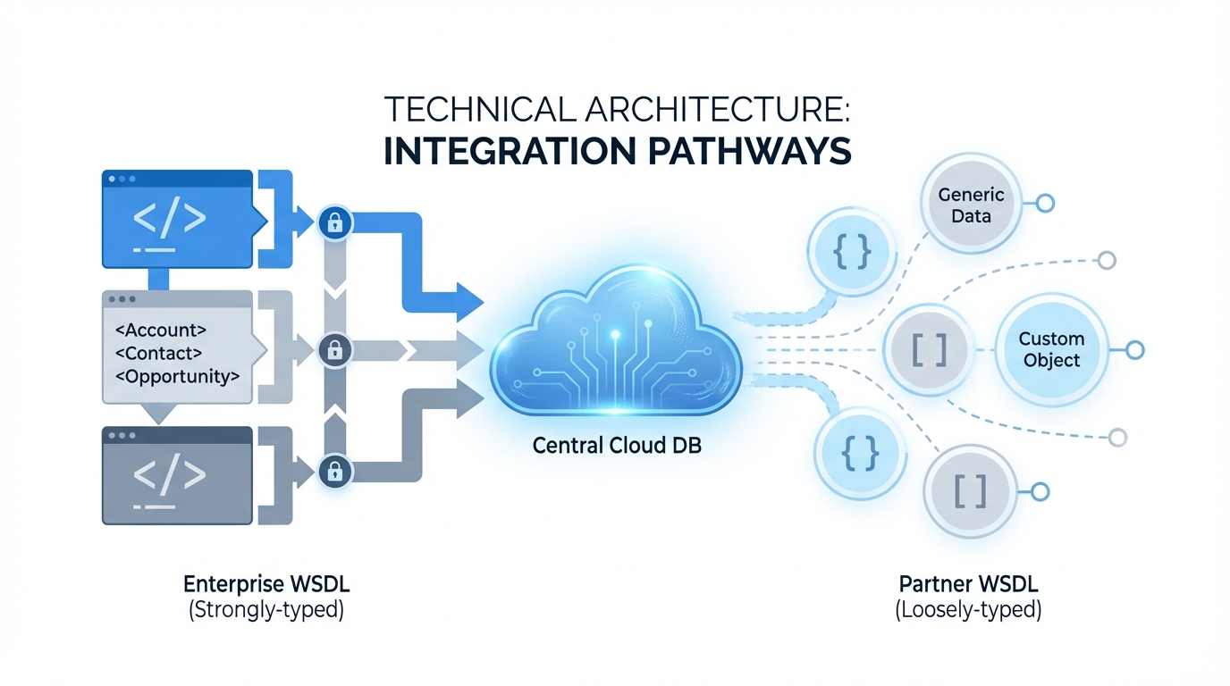 A professional architecture diagram illustrating the structural differences between a strongly-typed Enterprise WSDL and a flexible, loosely-typed Partner WSDL.