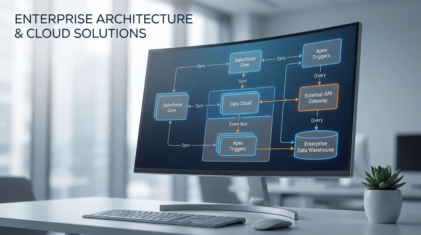 A professional technical architecture diagram showing a complex and scalable Salesforce data model on a computer screen.