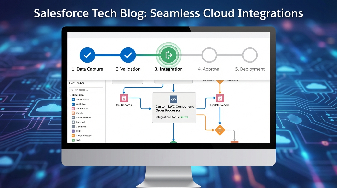 A realistic UI mockup of a Salesforce Flow screen featuring a multi-step horizontal progress bar at the top.