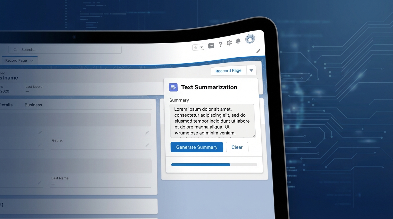 A realistic Salesforce UI mockup showing a text summarization component integrated into a standard record page.