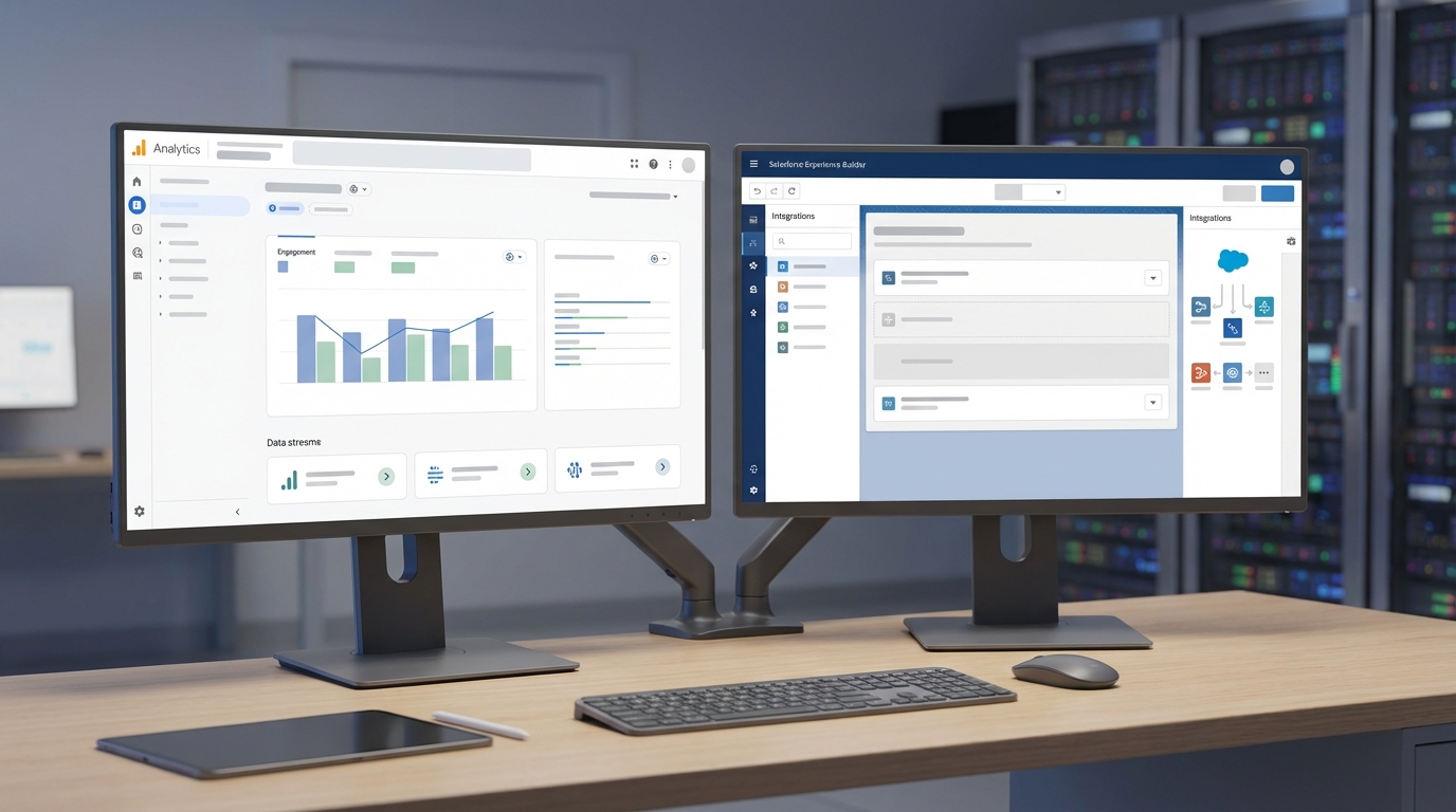 A realistic mockup of a Google Analytics 4 dashboard and a Salesforce Experience Builder settings page on two computer monitors.