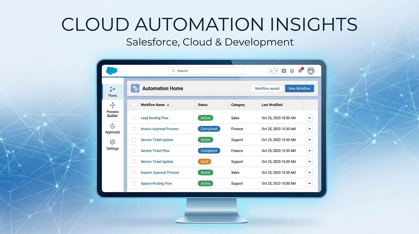 A realistic mockup of the Salesforce Automation Lightning App interface showing a centralized dashboard for managing flows and automation tasks.
