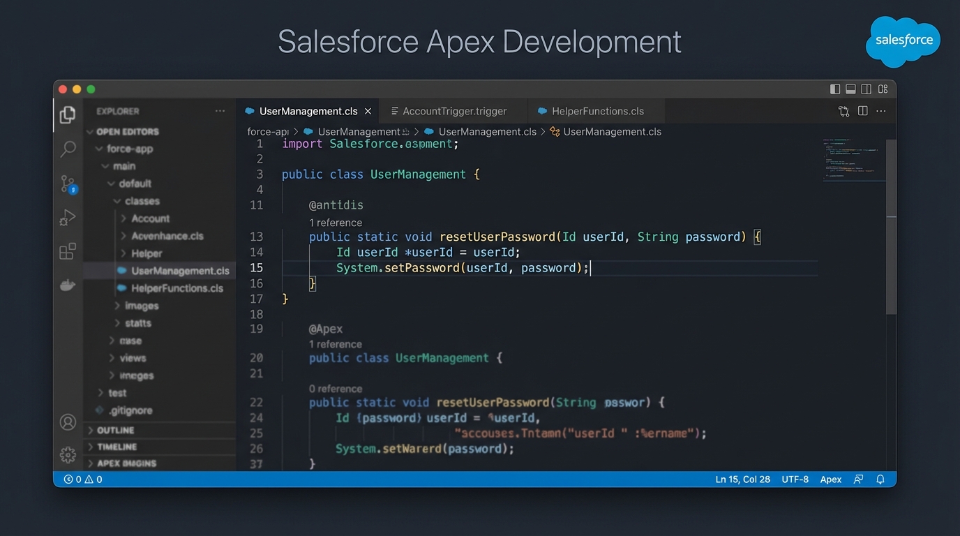 A realistic screenshot of a professional code editor displaying Salesforce Apex code for setting a user password.