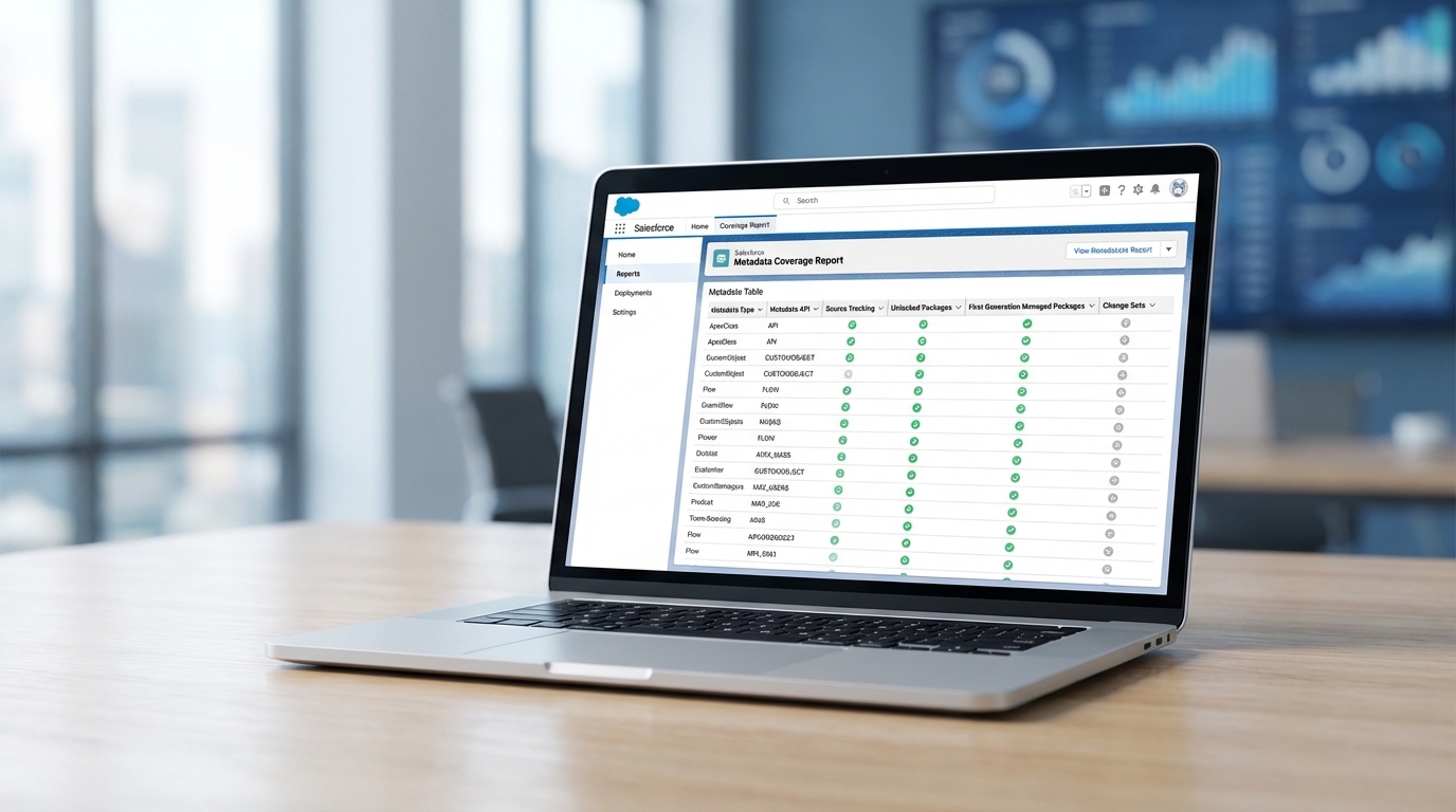 A realistic UI mockup of a Salesforce Metadata Coverage Report showing a detailed table of technical components and their deployment capabilities.