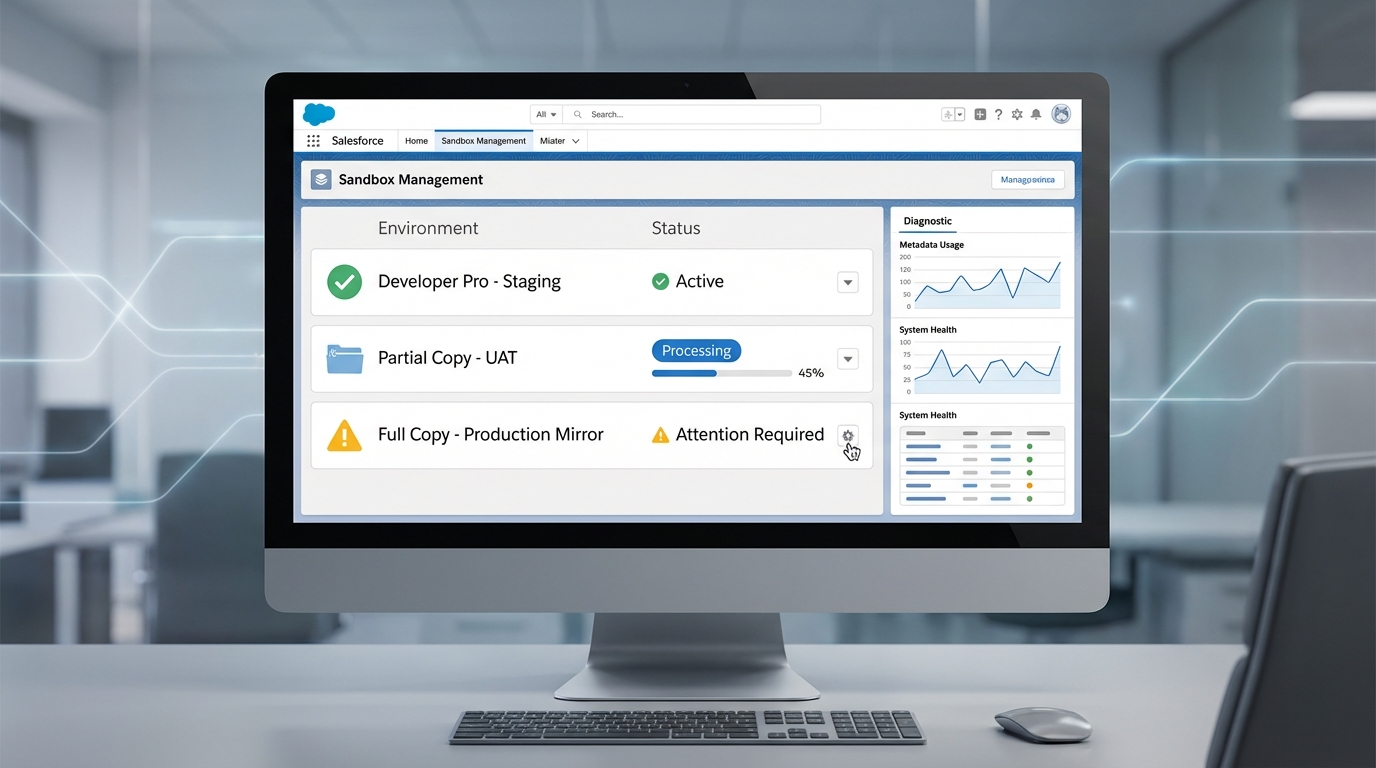 A high-fidelity UI mockup of a Salesforce sandbox management dashboard showing environment status lists and diagnostic technical panels.