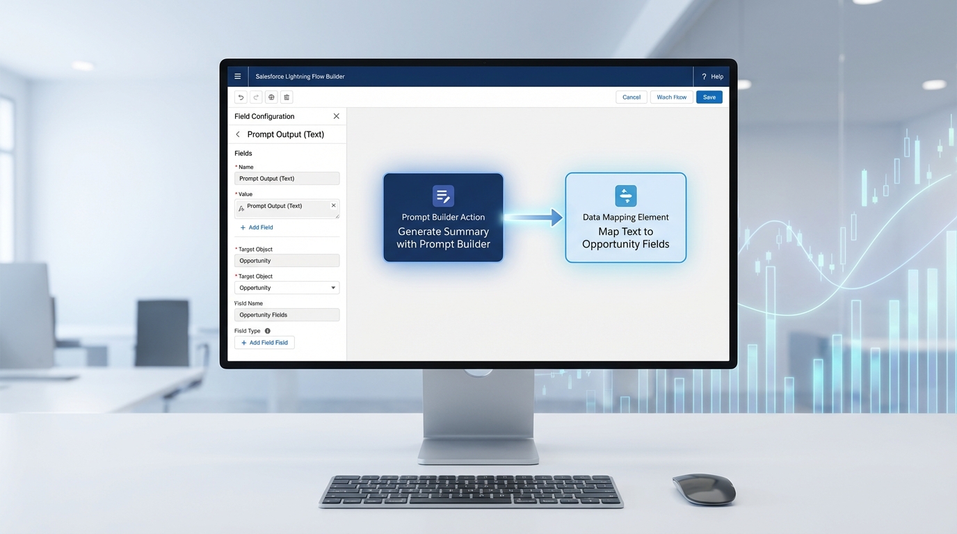 A realistic screenshot of the Salesforce Flow Builder showing a workflow that connects an AI action to a record creation step.