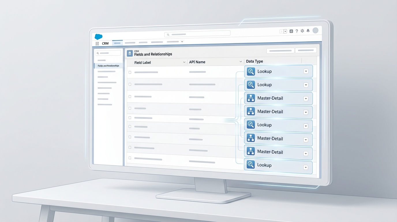 A realistic interface mockup of a CRM object management screen showing a dense list of lookup relationship fields.