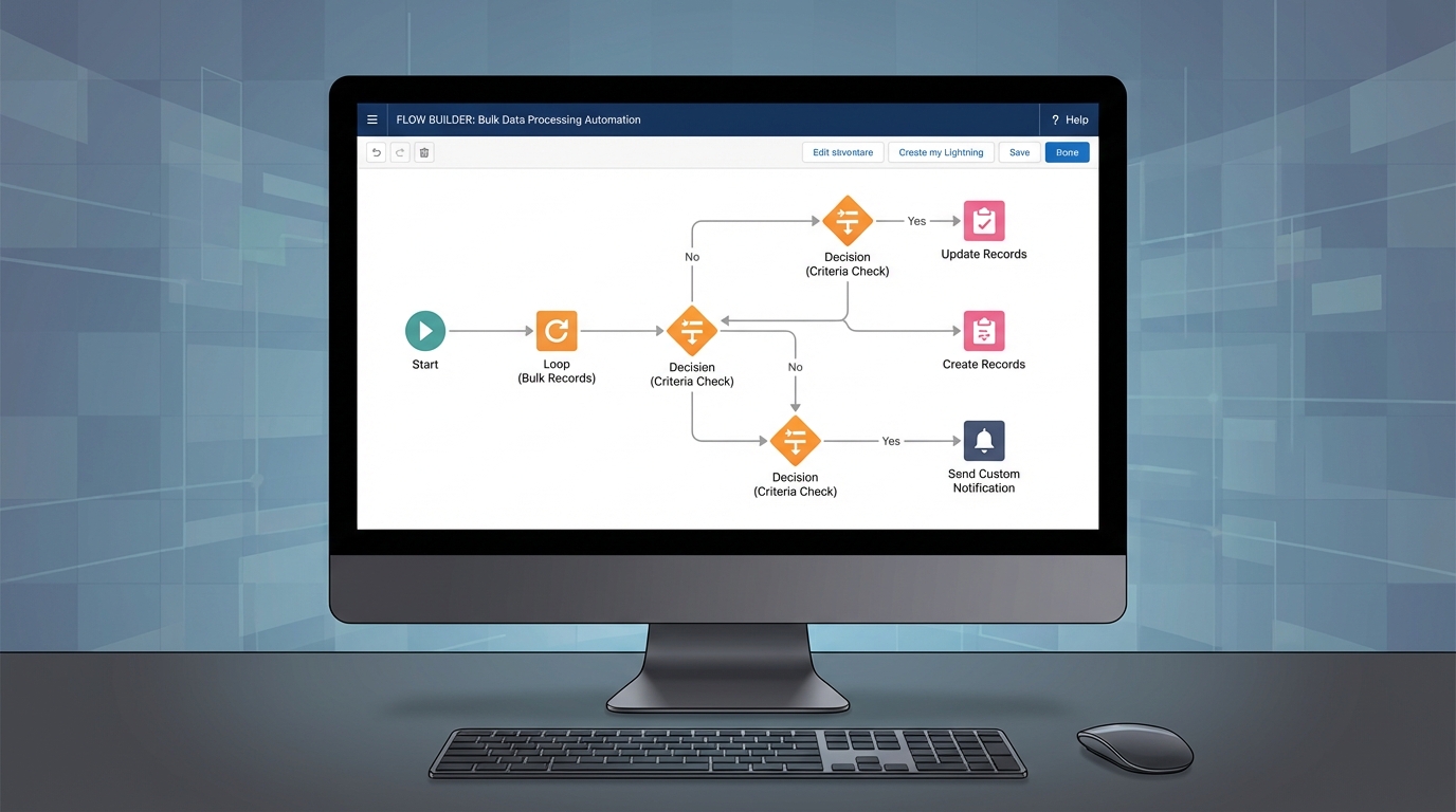 A realistic Salesforce Flow Builder canvas showing a complex architectural logic for processing large volumes of data.