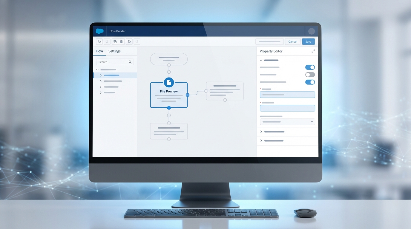 A professional UI mockup of the Salesforce Flow Builder showing the configuration settings for a File Preview component.