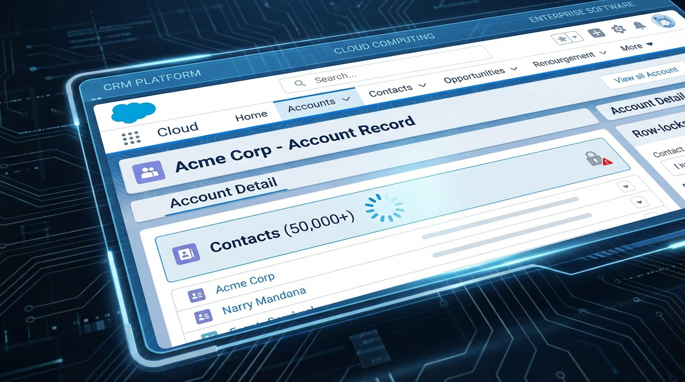 A professional CRM interface mockup showing a single account record linked to over 50,000 contacts, illustrating the technical bottleneck of data skew.