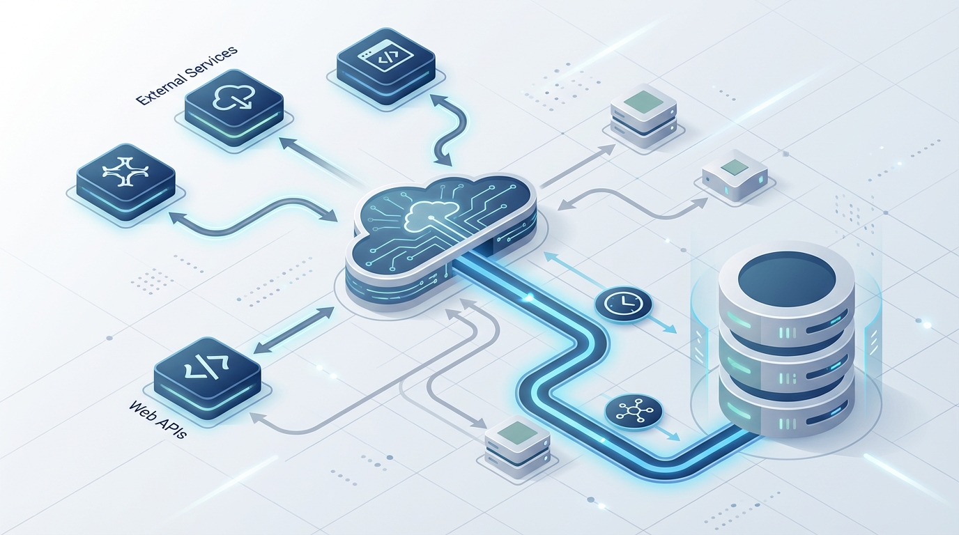 A professional architecture diagram showing the data flow for scheduled jobs and web services within a Salesforce environment.