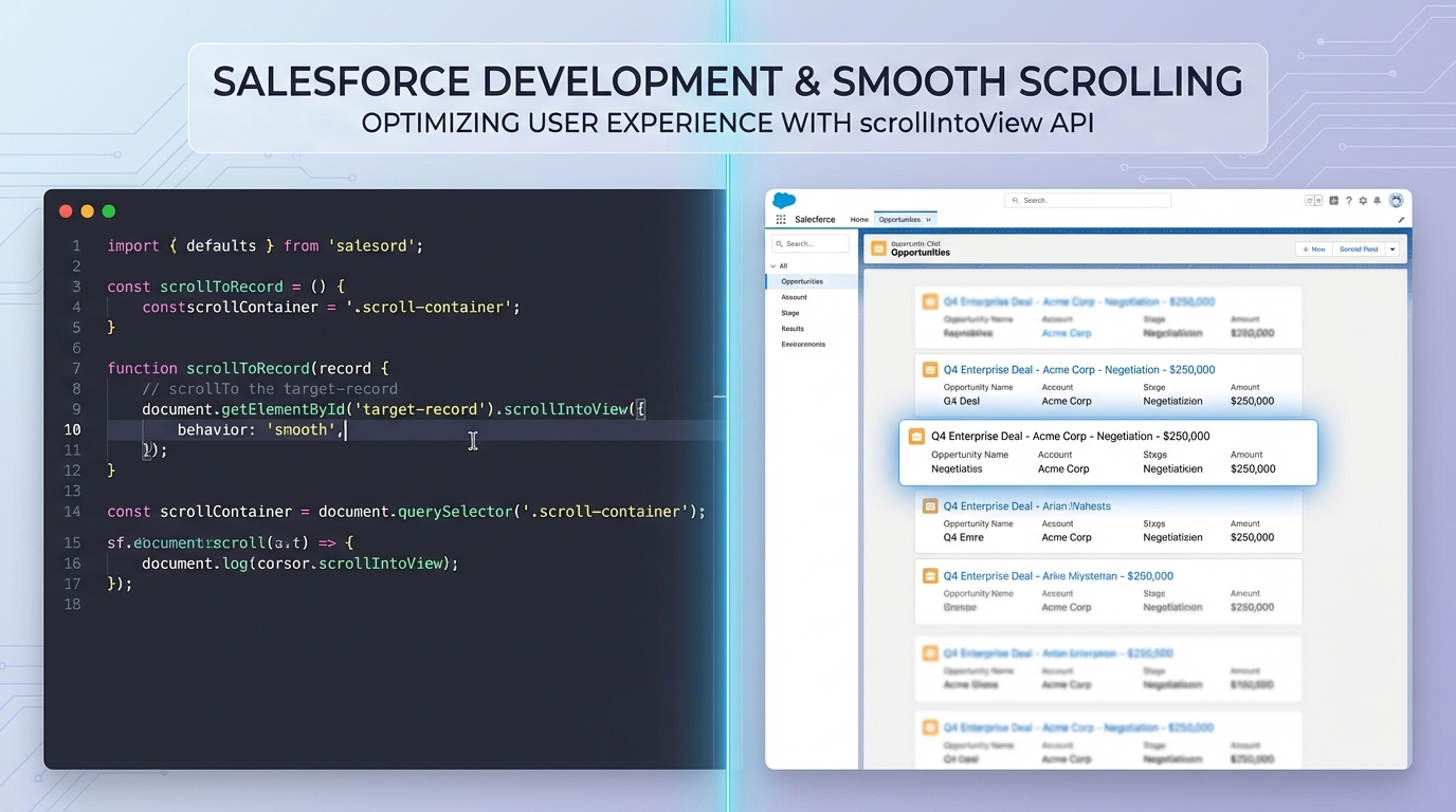 A split-screen view showing a code editor with JavaScript scroll logic next to a Salesforce record list demonstrating a smooth scrolling transition.