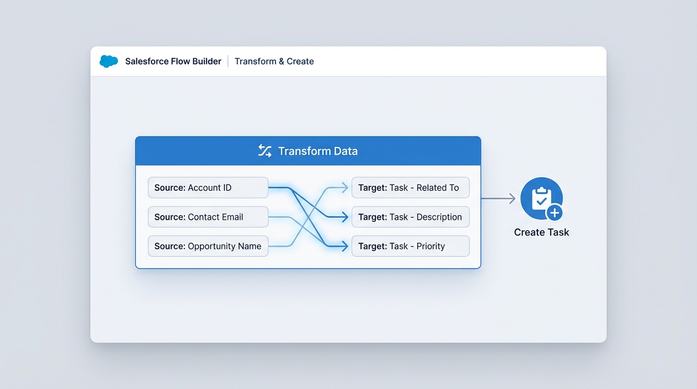A Salesforce Flow diagram showing a Transform element mapping data fields into a collection for a Create Records element.