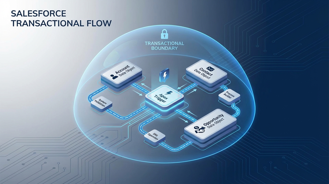 A technical architecture diagram showing a Salesforce Apex trigger coordinating updates across multiple related database objects to ensure data integrity.