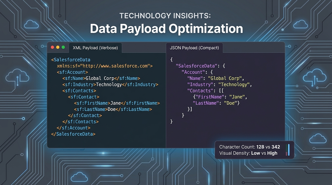 A side-by-side comparison of a verbose XML SOAP payload and a compact JSON REST payload in a dark-mode code editor.