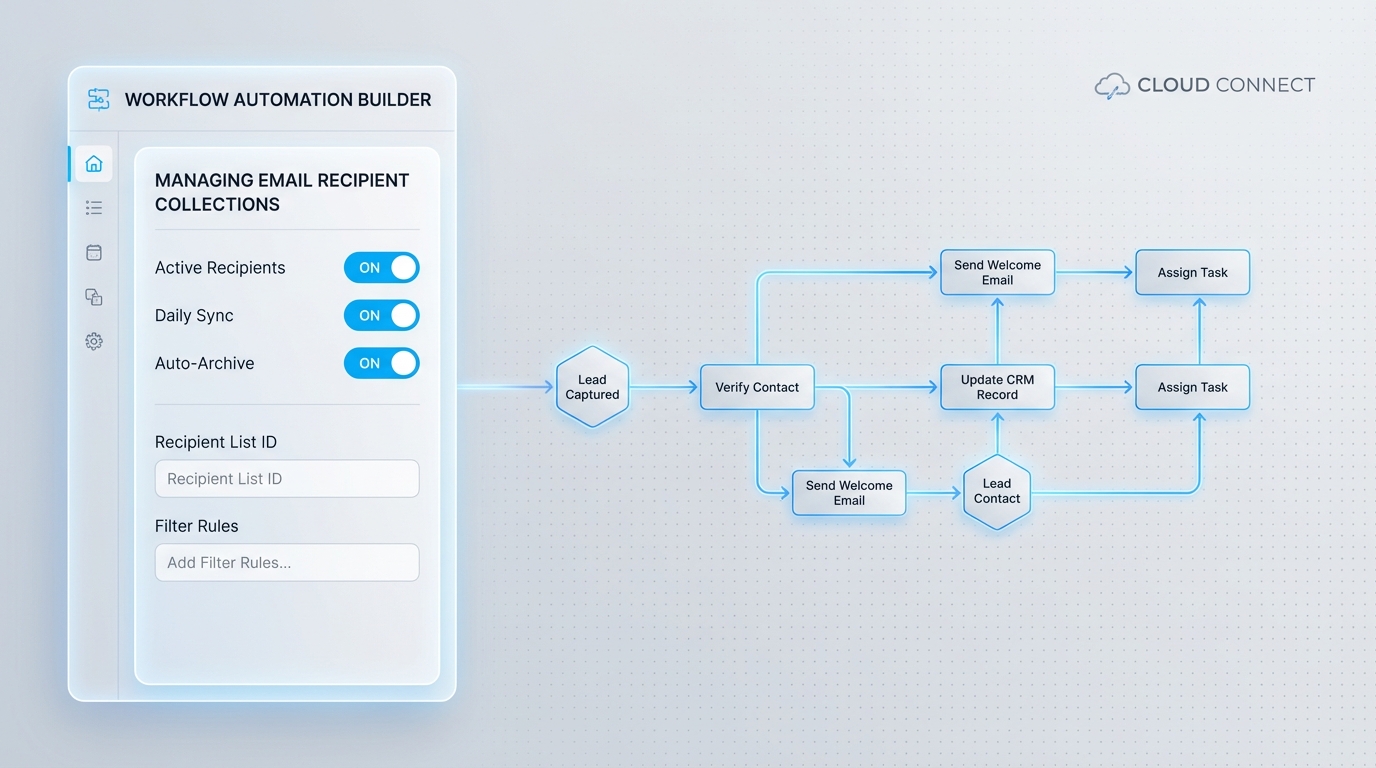 A realistic UI mockup of a workflow automation tool showing a configuration panel with toggle switches for email recipient collections and a clean logic flow in the background.