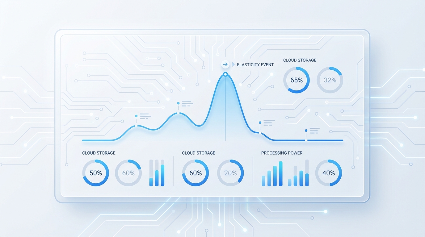 A professional cloud infrastructure dashboard showing a line graph of fluctuating resource usage to illustrate scaling and elasticity.