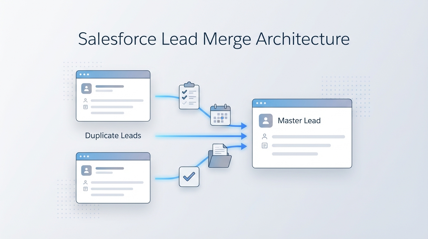 A technical diagram showing the merging of duplicate Salesforce lead records into a single master record, including the automatic re-parenting of tasks and events.