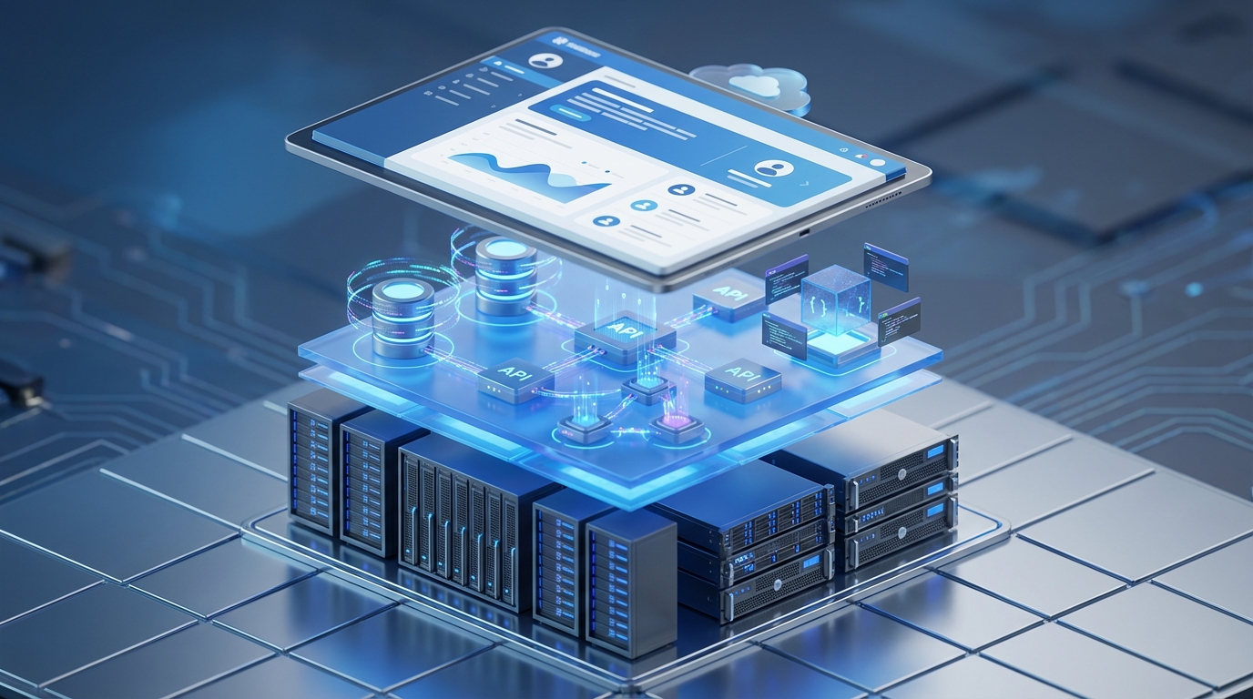 A professional 3D isometric diagram illustrating the layers of cloud computing, showing the relationship between hardware infrastructure, the developer platform, and the final application.