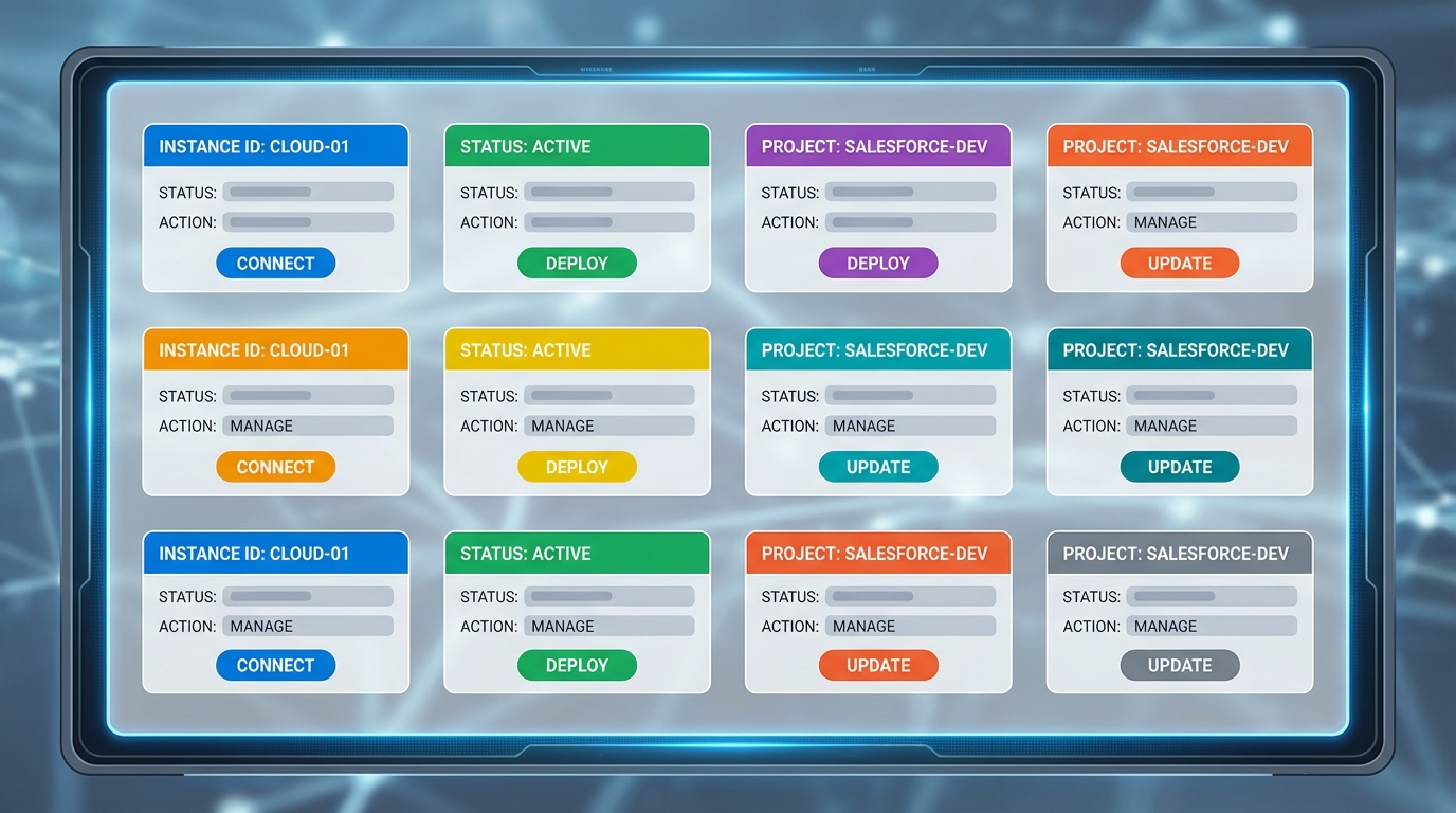 A professional dashboard interface featuring a grid of tiles for switching between different cloud environments and sandboxes.