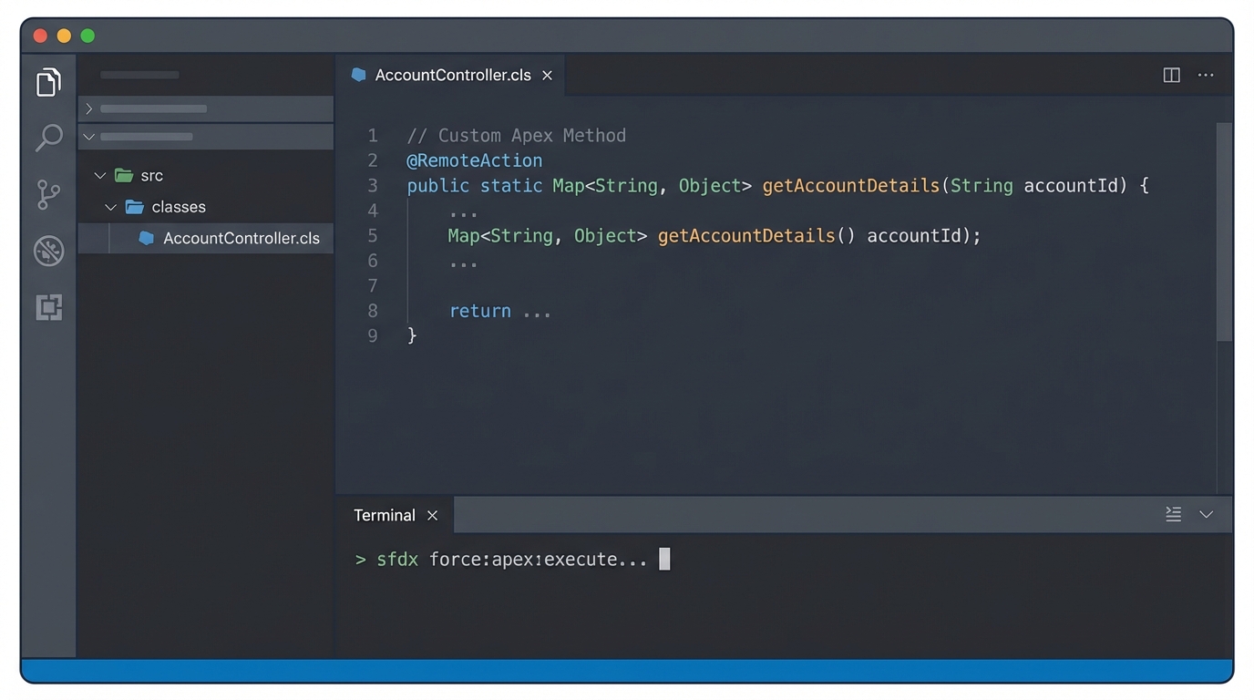 A code editor showing a Salesforce Apex class with a static method and the RemoteAction annotation for JavaScript Remoting.