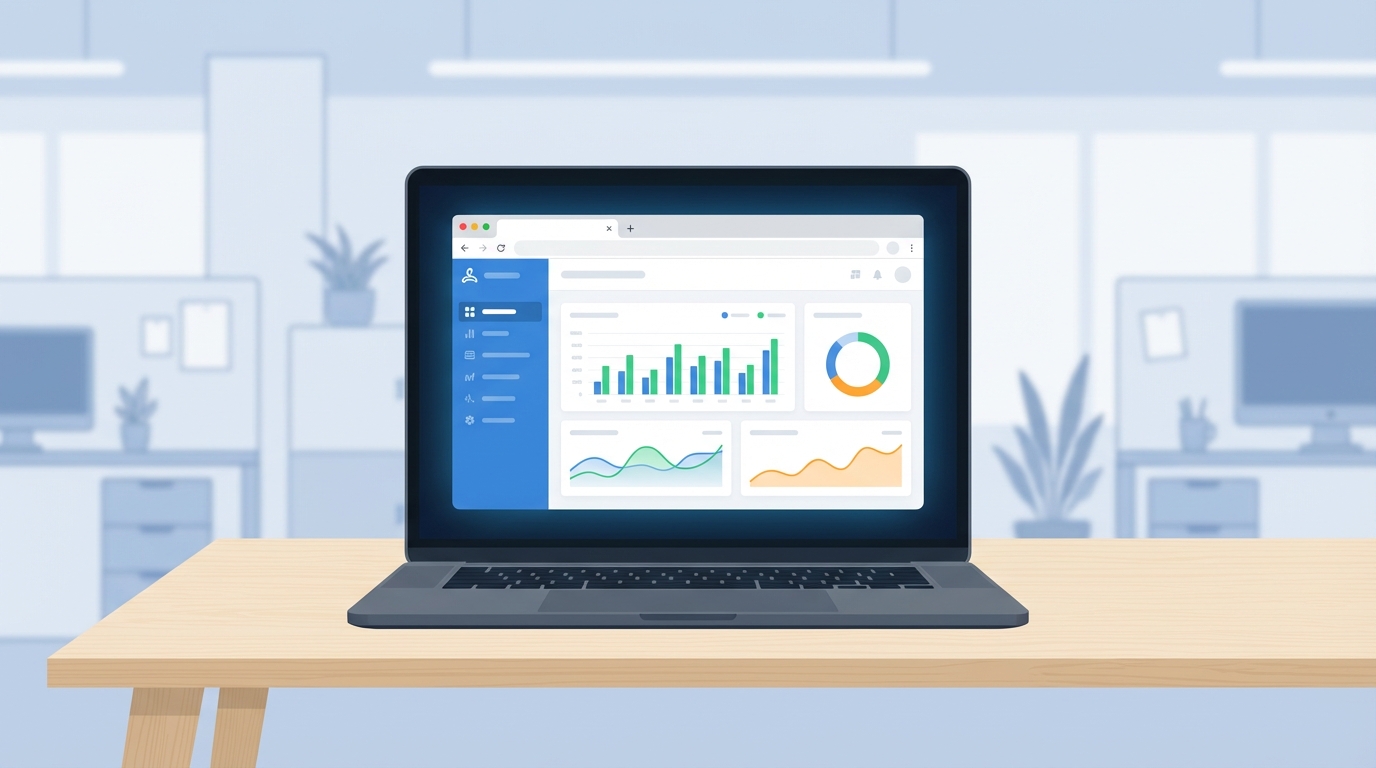 A high-quality mockup of a SaaS application dashboard displayed on a laptop screen in a professional office environment.