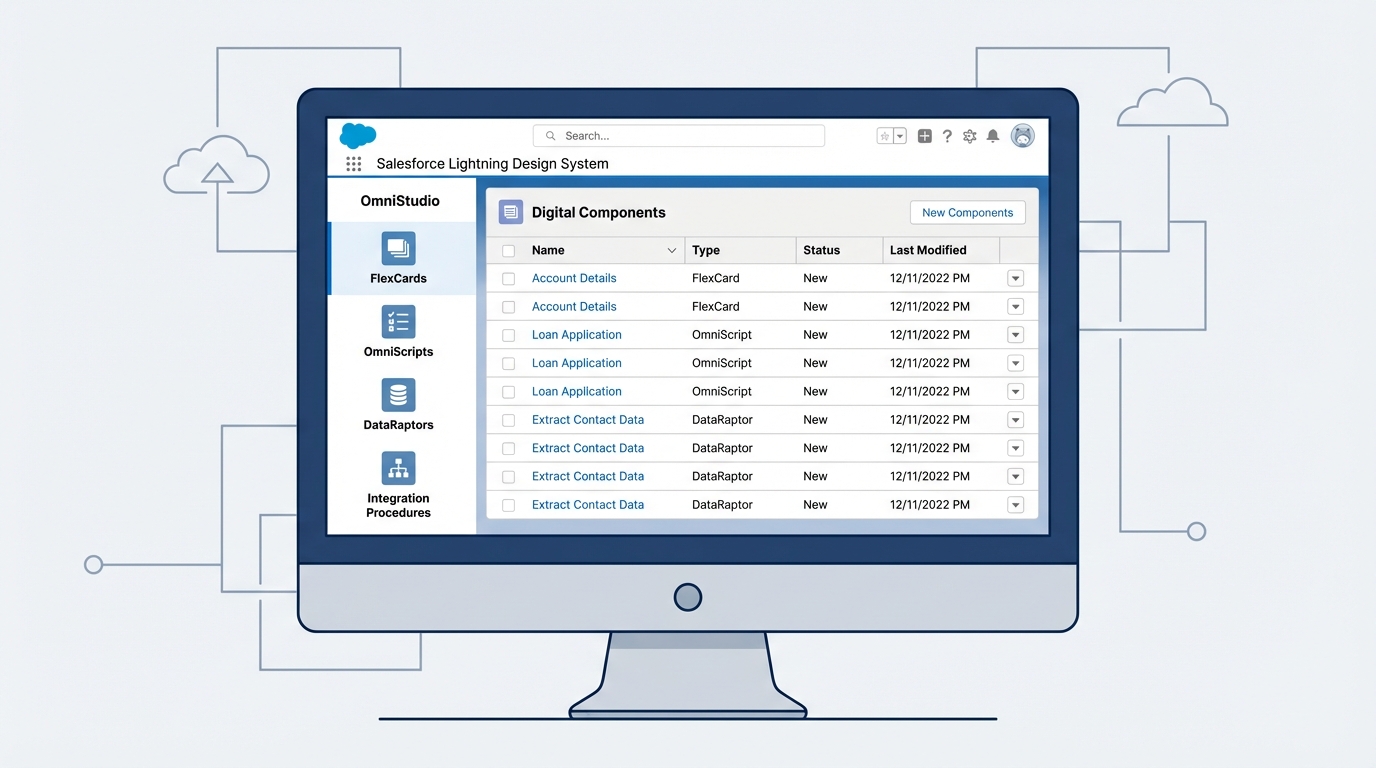 A professional and organized Salesforce OmniStudio user interface showing a list of components in a clean, structured layout.