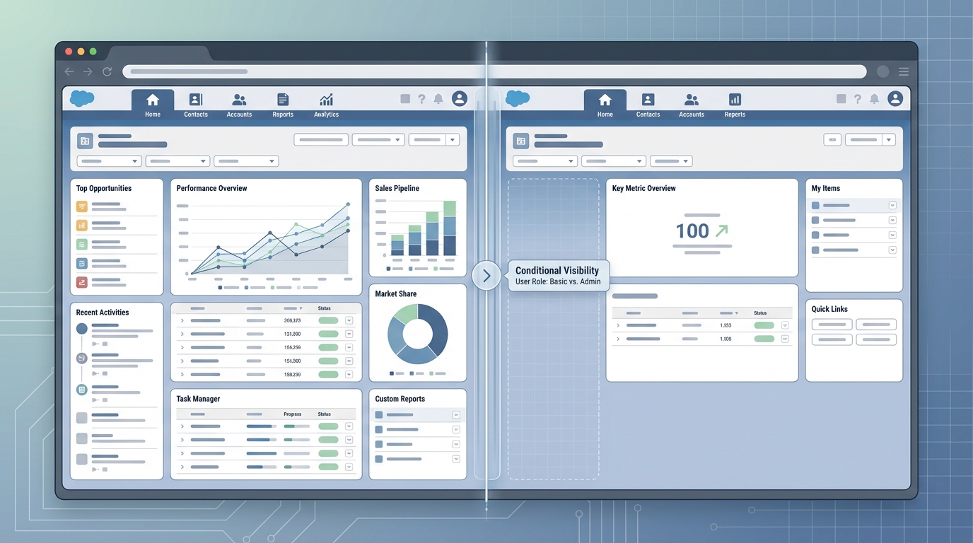 A side-by-side comparison of two web portal dashboards showing different layout configurations for different user tiers.