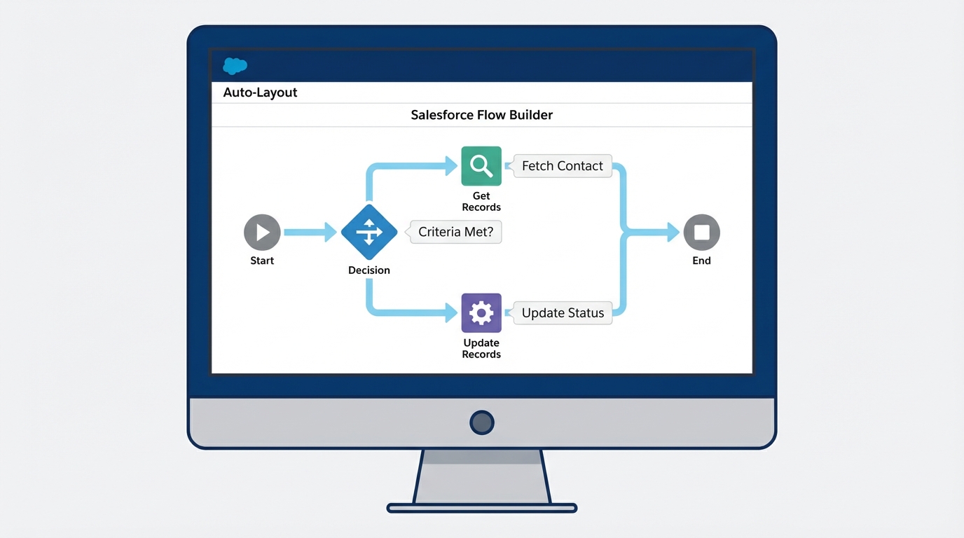 A realistic view of the Salesforce Flow Builder interface showing an organized automation workflow with various logic and data elements.