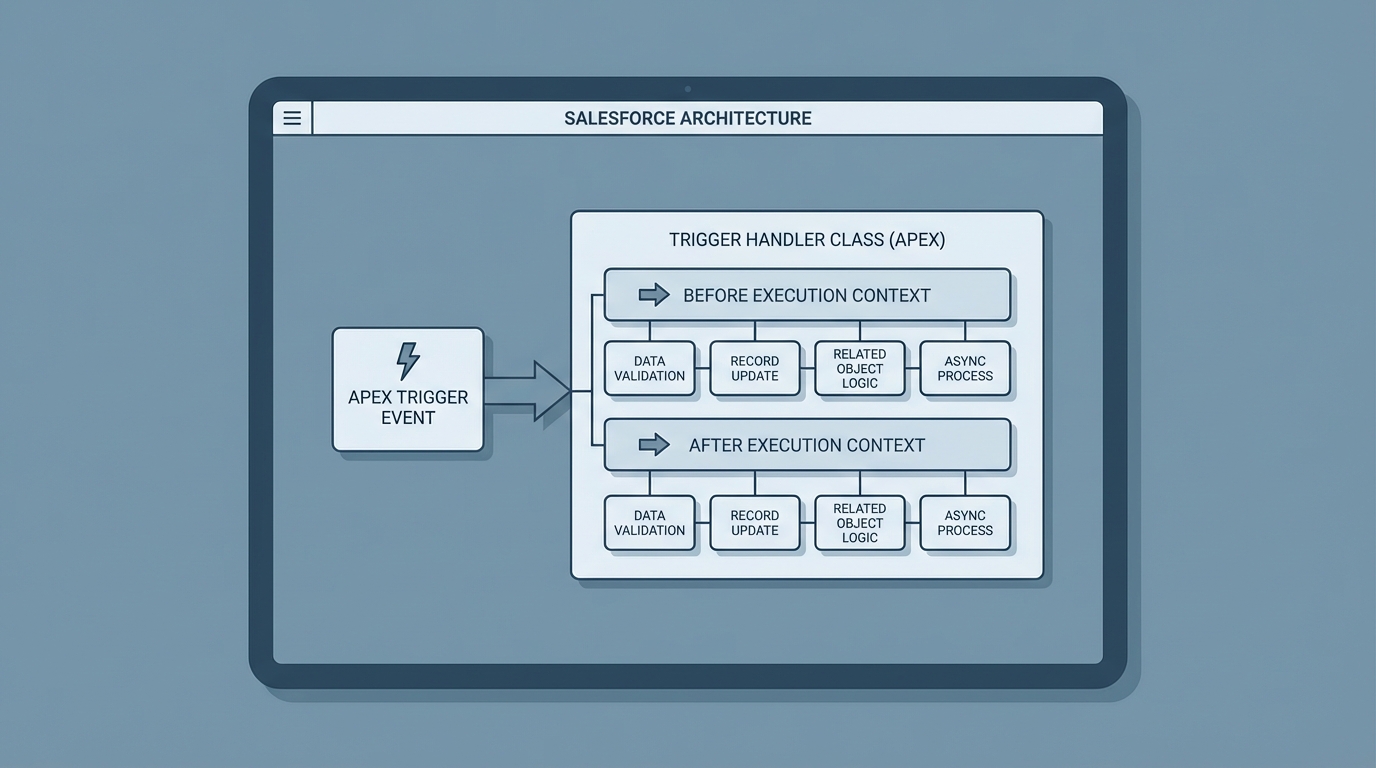 A professional architecture diagram illustrating the Apex Trigger Handler design pattern and execution contexts.