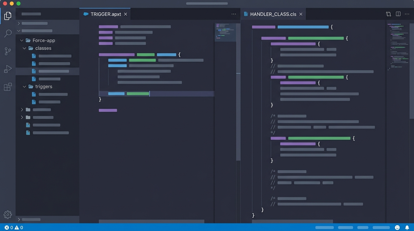 A split-screen code editor view showing the separation of logic between a slim Salesforce trigger and a comprehensive Apex handler class.