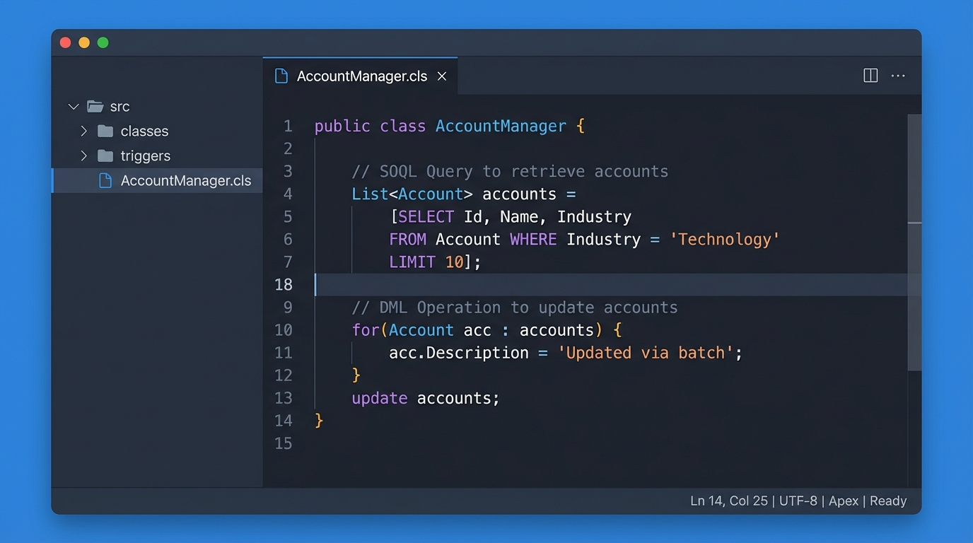 A realistic screenshot of a professional code editor showing secure Salesforce Apex programming patterns and database queries.