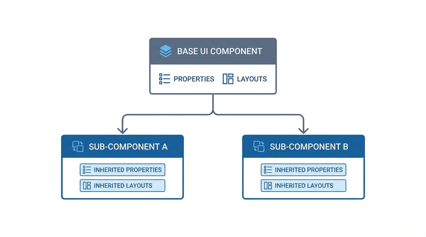 A technical diagram showing a base component branching into two extended components to illustrate a simple inheritance hierarchy.