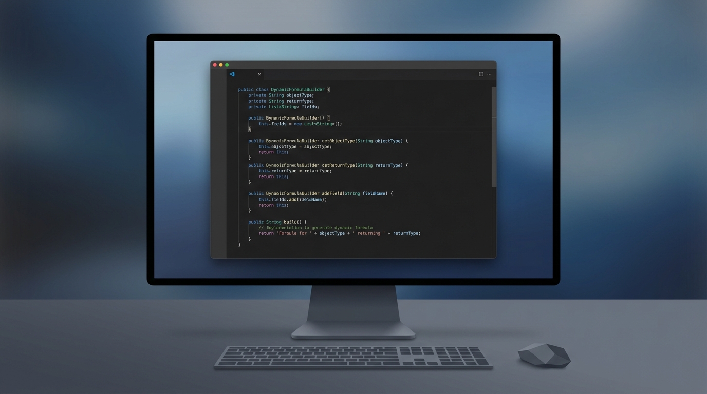 A professional code editor showing a clean Apex code snippet that implements the new Formula builder pattern for dynamic evaluation.