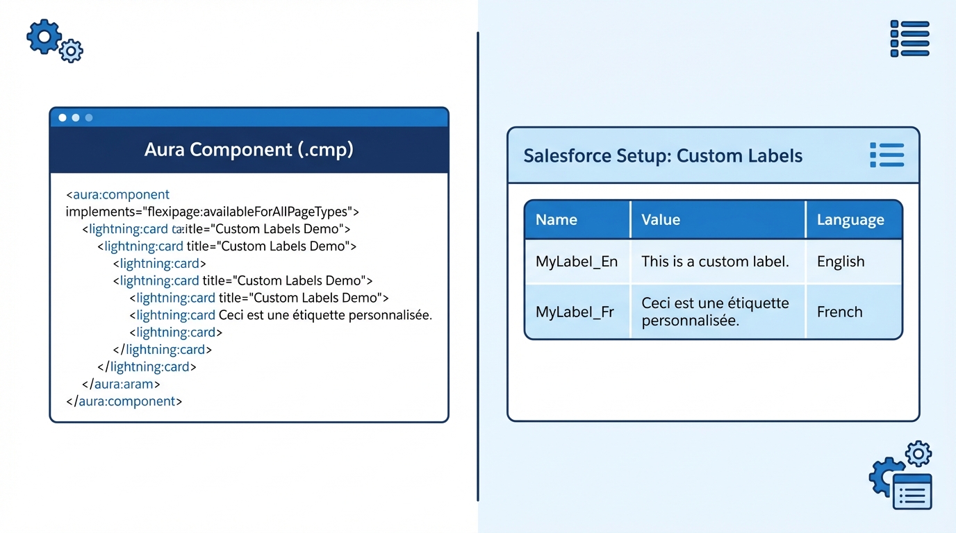 A split-screen illustration showing Aura component code next to a Salesforce Custom Labels configuration screen.