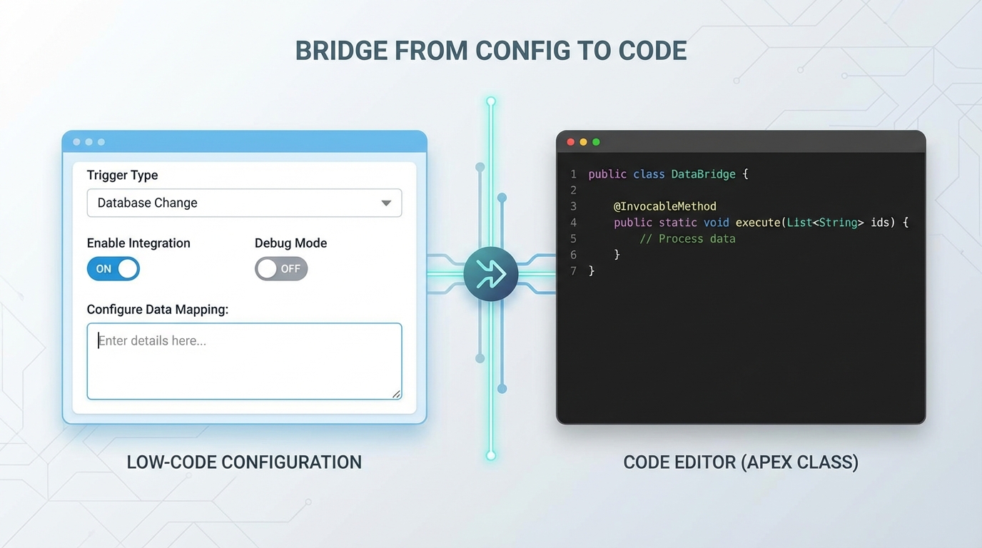 A split-screen illustration showing a low-code prompt configuration interface next to a professional code editor with Apex syntax highlighting.